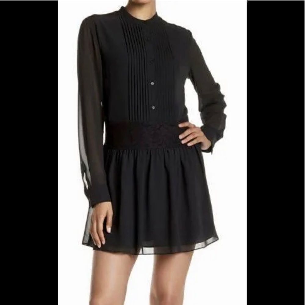 Marchesa Rose Pleated Front Lace Trim Long Sleeve Dress